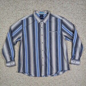 Tommy Bahama Shirt Mens 3XL Blue Striped Cotton/Silk Long Sleeve Casual Pocket